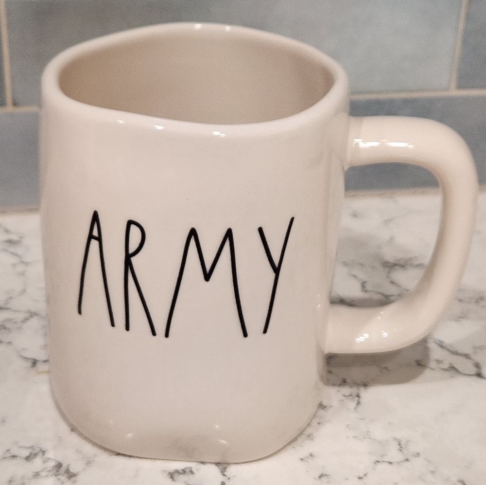 Rae Dunn Artisan Collection by Magenta ARMY Mug Cup White Black Words Coffee Tea